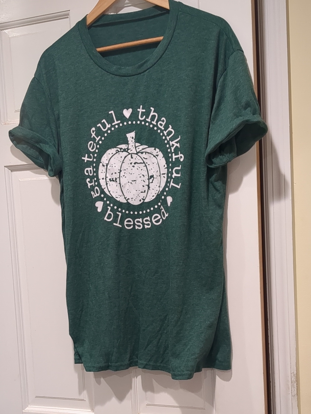 Green 'Grateful Thankful Blessed' Pumpkin Graphic Tee Shirt